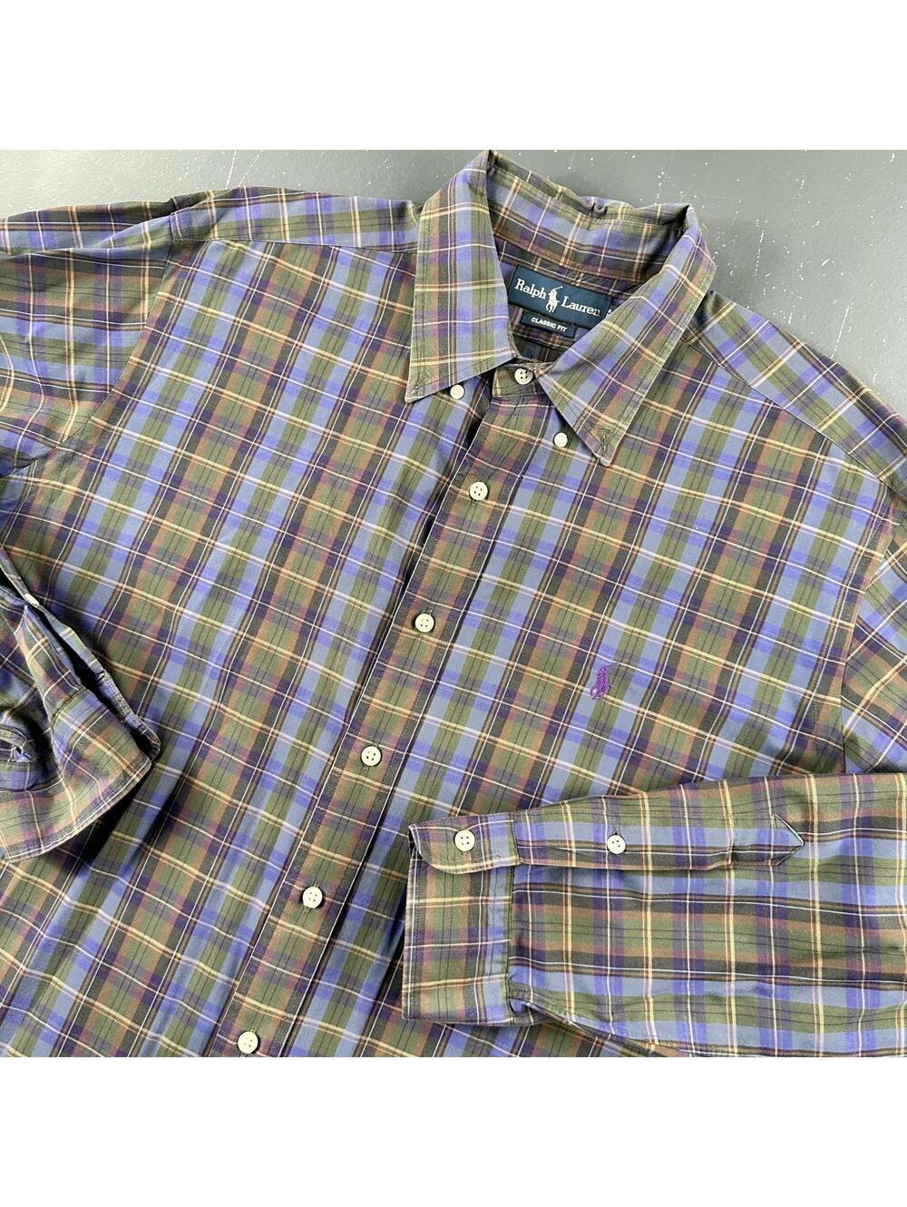 Ralph Lauren Shirt Men 3XL Blue Olive Green Tartan Plaid Twill Dress EUC